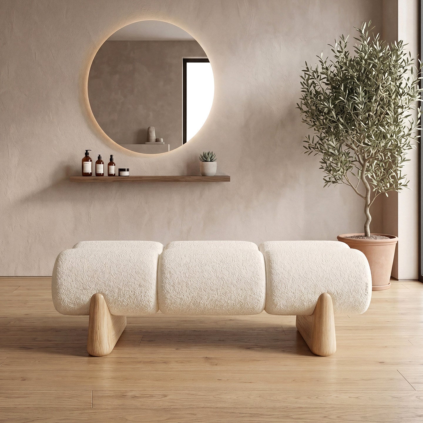 Cream White Upholstered End of Bed Bench, Sherpa Style Accent Bench with Solid Wood Base, Modern Bedroom Bench, Entryway Seat, Footstool for Living Room, Closet, Boutique