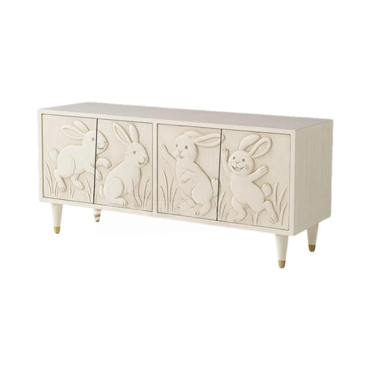 Cream Carved Rabbit TV Stand, French Country Solid Wood Media Console, 4 Door Storage Cabinet with Shelves for Living Room, Kids Room, Nursery, Bedroom