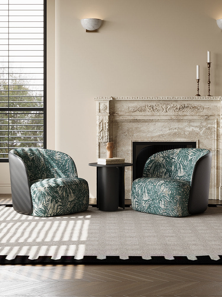 Green Leaf Print Accent Chair, Upholstered Barrel Lounge Chair with Woven Side Panel for Living Room, Bedroom, Balcony, Hotel and Reading Nook