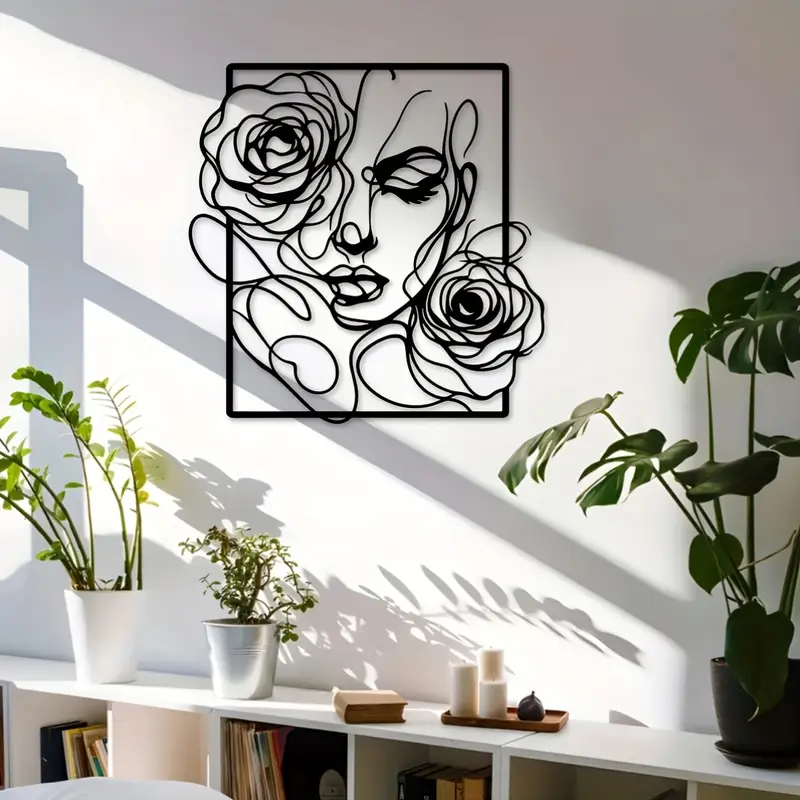 Black Metal Woman Face Wall Art with Roses, Modern Female Line Art Wall Decor, Minimalist Floral Portrait Wall Hanging for Beauty Salon, Bedroom, Living Room, Spa, Vanity Room