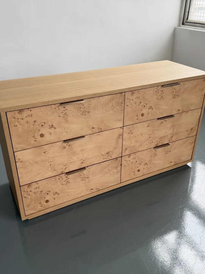 Burl Wood 6 Drawer Dresser, Chest of Drawers with Natural Burl Veneer Look, Modern Vintage Storage Cabinet for Bedroom, Living Room, Hallway, Entryway, and Closet