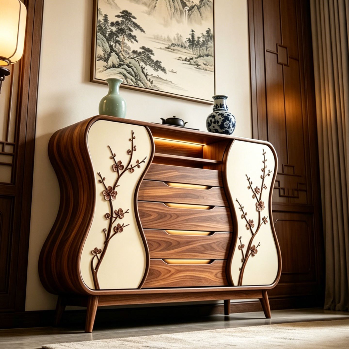 Ash Wood 5-Drawer Dresser with Floral Panels and Open Shelf