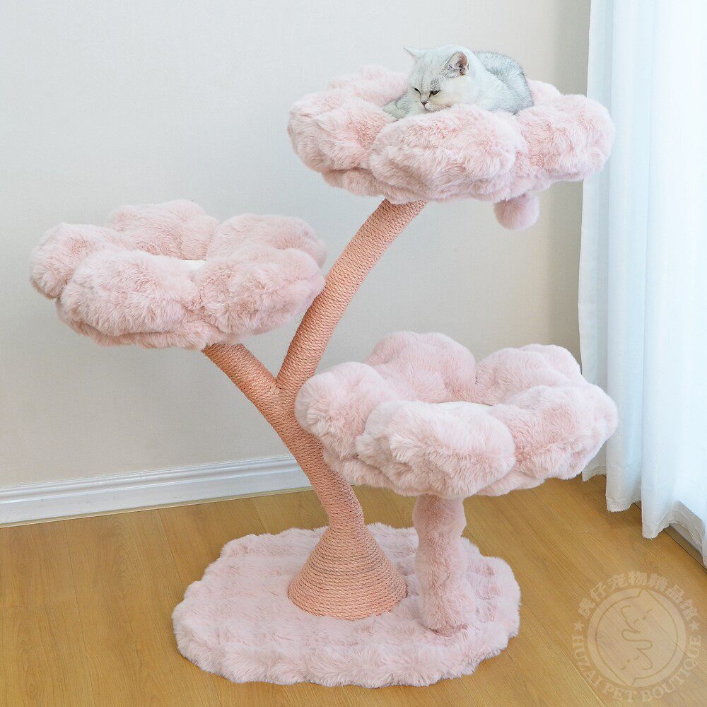 Pink Flower Cat Tree for Indoor Cats, Plush Multi-Level Cat Tower with 3 Petal Perches, Sisal Scratching Posts, Dangling Pom Pom Toy and Soft Base, Cute Cat Climbing Tree