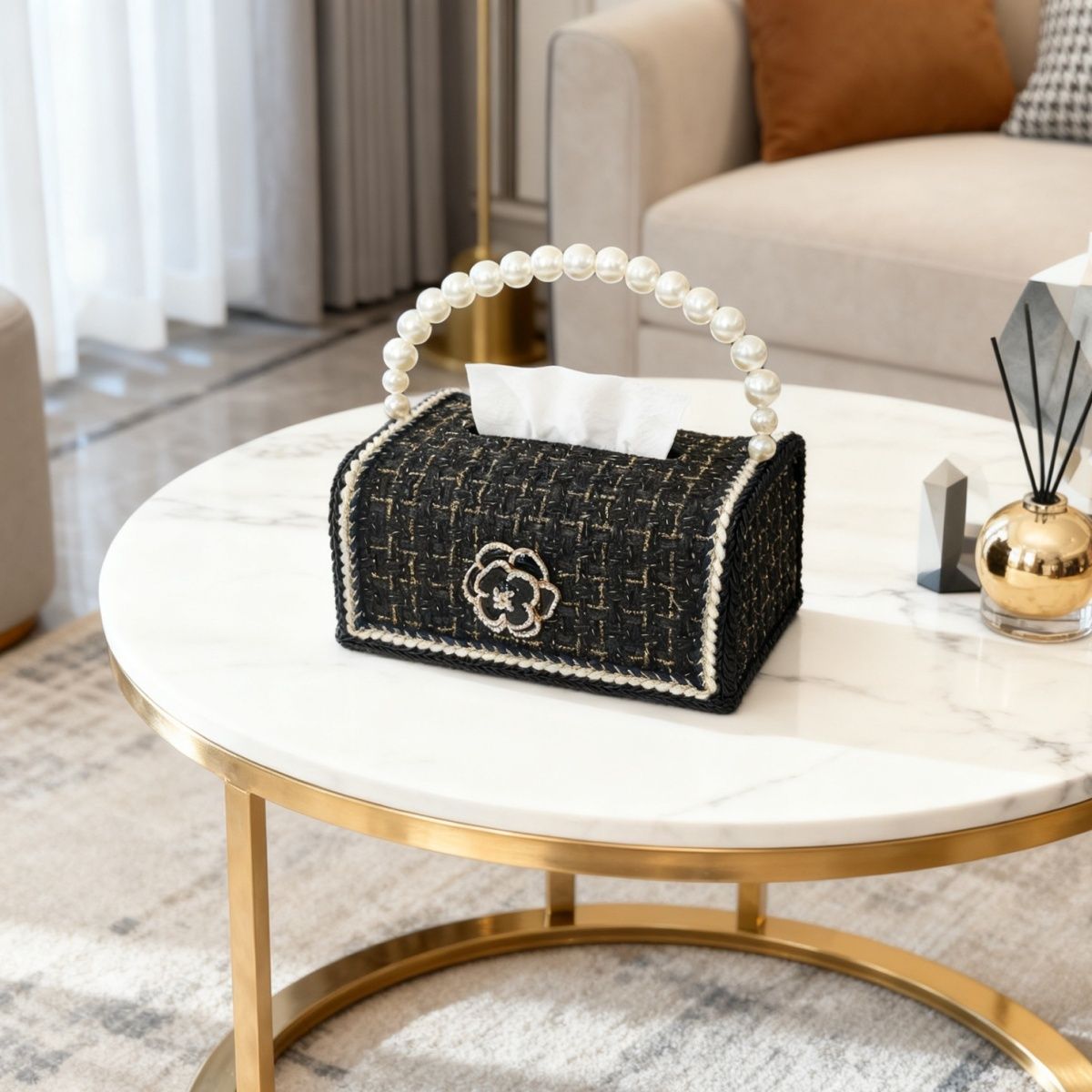 Luxury Pearl Handle Tissue Box Cover, Tweed Fabric Decorative Napkin Holder, French Style Rectangular Tissue Box for Coffee Table, Vanity, Dining Table and Living Room