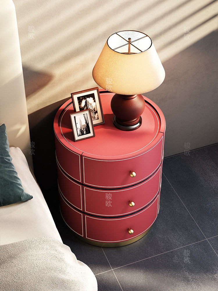 Rose Red Round Nightstand with 3 Drawers, Modern Leather Look Bedside Table with Gold Tone Base, Solid Wood Frame Accent Storage Cabinet for Bedroom, Living Room, Guest Room