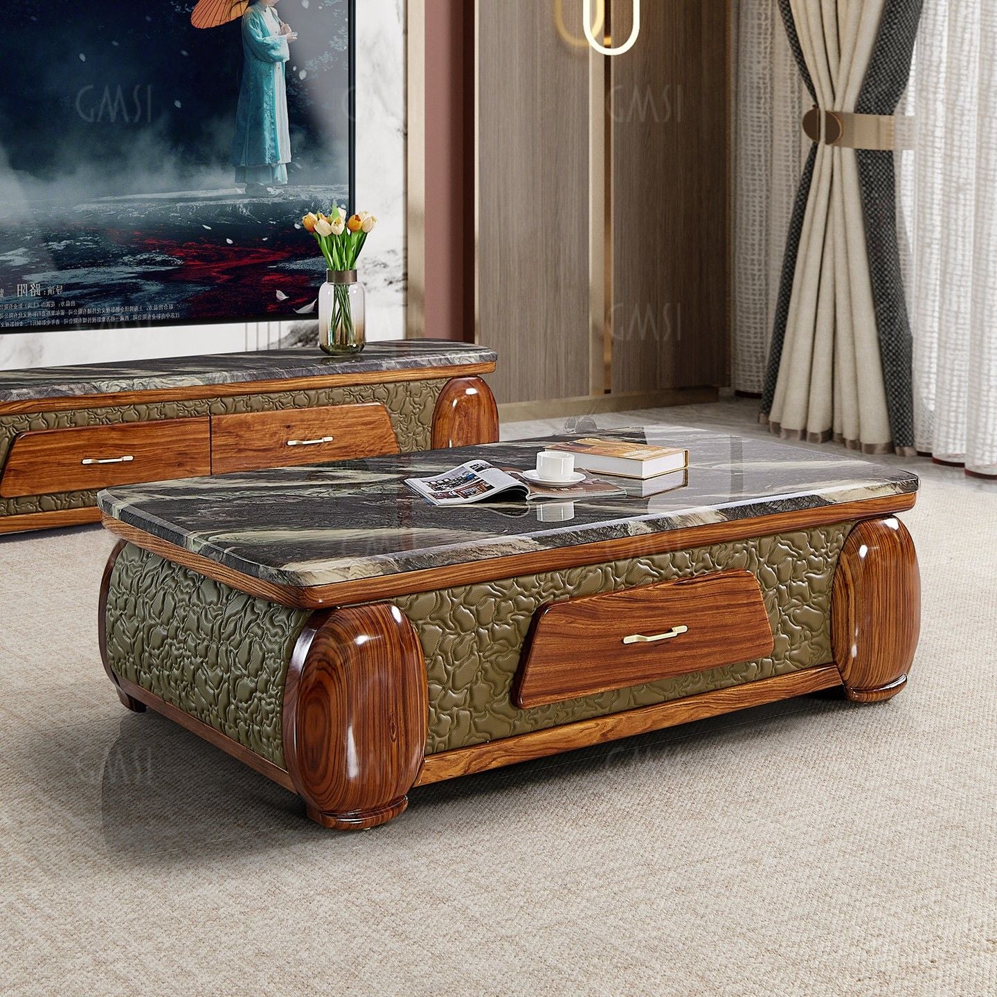 Wenge Wood Coffee Table with Marble Top and Storage Drawer