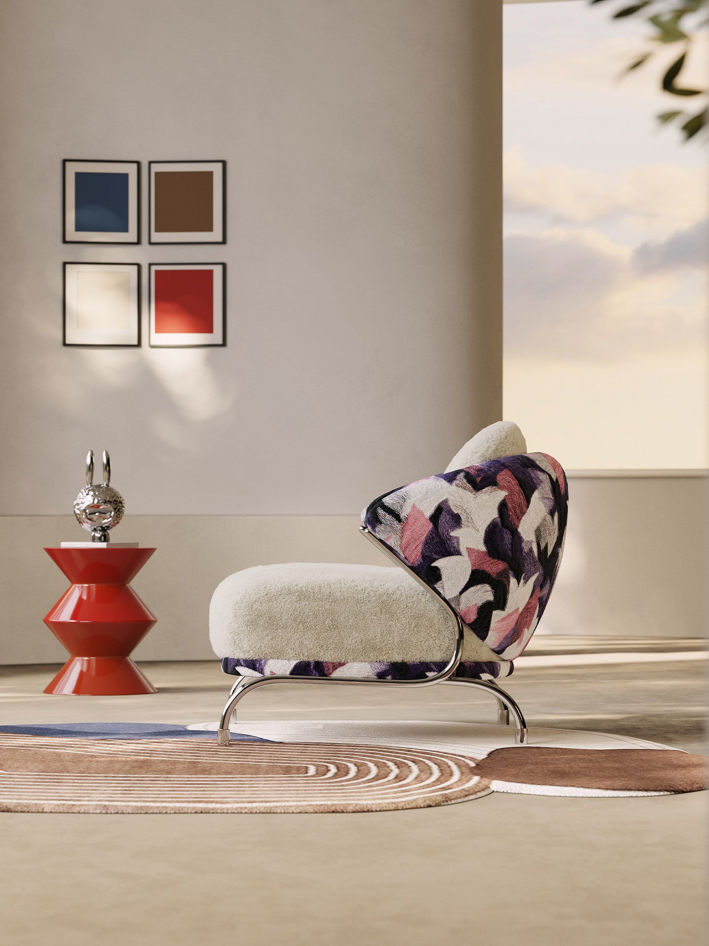 Modern Upholstered Accent Chair with Floral Fabric Arms, Plush Faux Mohair Lounge Chair, High-Density Foam Cushion and Metal Frame for Living Room, Bedroom, Reading Nook and Office, Cream Multicolor