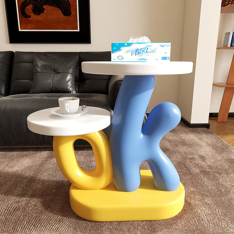 Blue and Yellow Letter Side Table with Two Round Display Trays