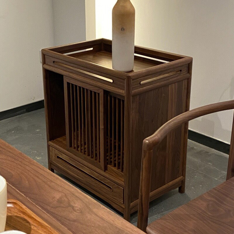 24-Inch Solid Black Walnut Tea Cabinet with Tray Top and Drawers