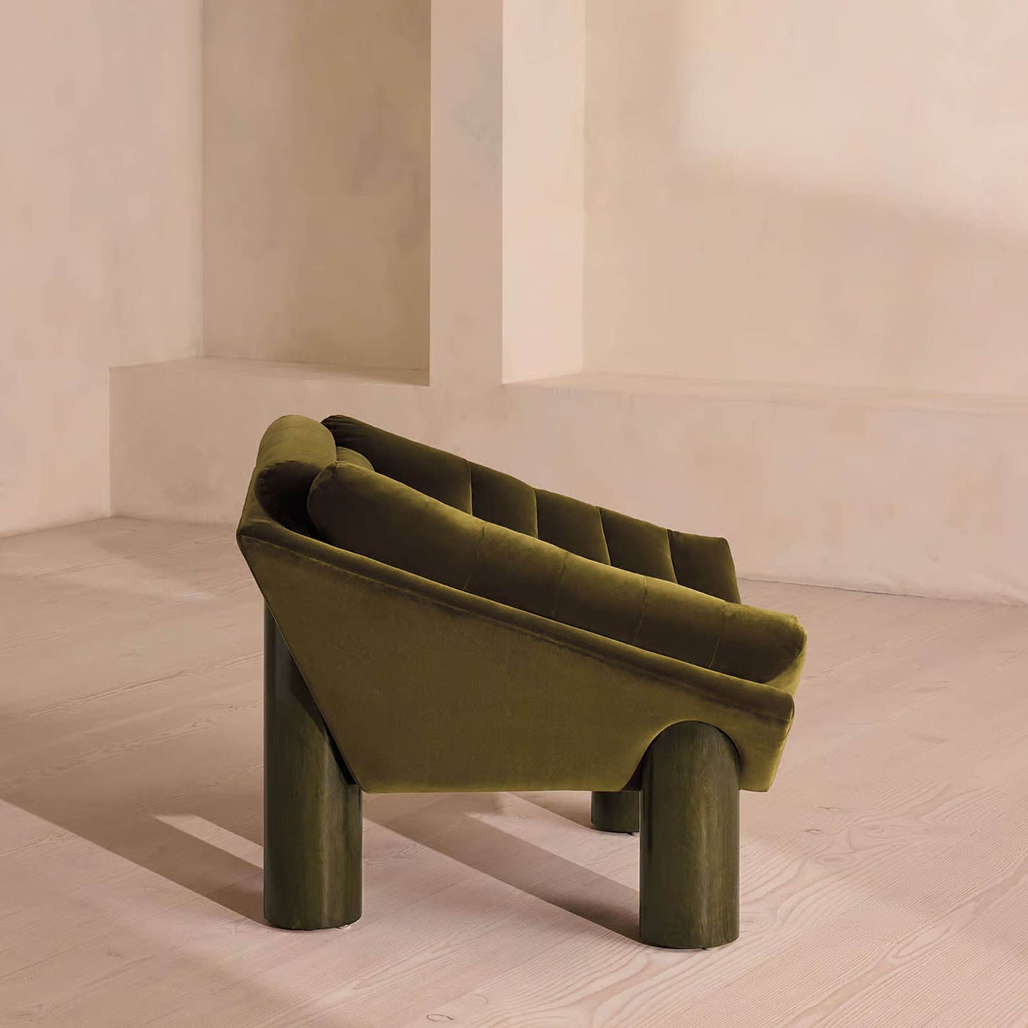 Olive Green Velvet Accent Chair with Channel Tufting and Wood Legs