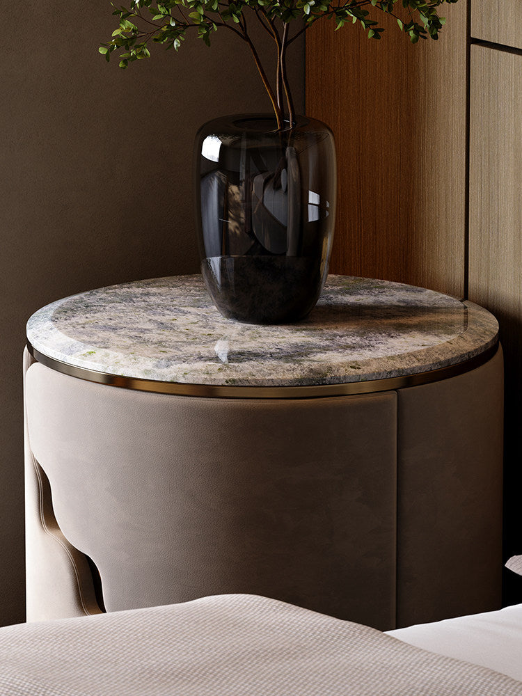 Round Luxury Nightstand with Blue Natural Stone Top, Modern Cylindrical Bedside Table with Matte Upholstered Body and Antique Bronze Accents for Bedroom