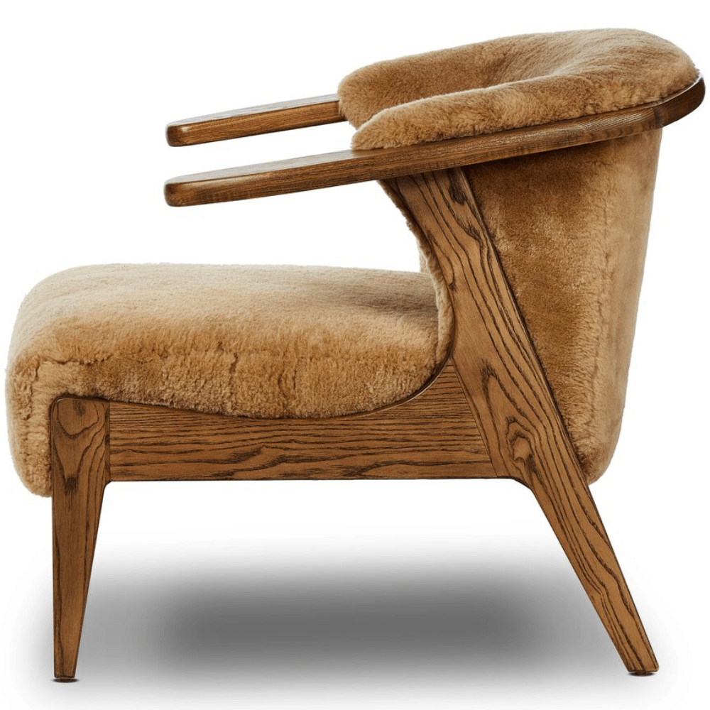 Tan Sherpa Accent Chair with Solid Wood Frame, Cozy Upholstered Lounge Chair, Modern Rustic Armchair with Rounded Backrest for Living Room, Bedroom, Reading Nook, Hotel and Study