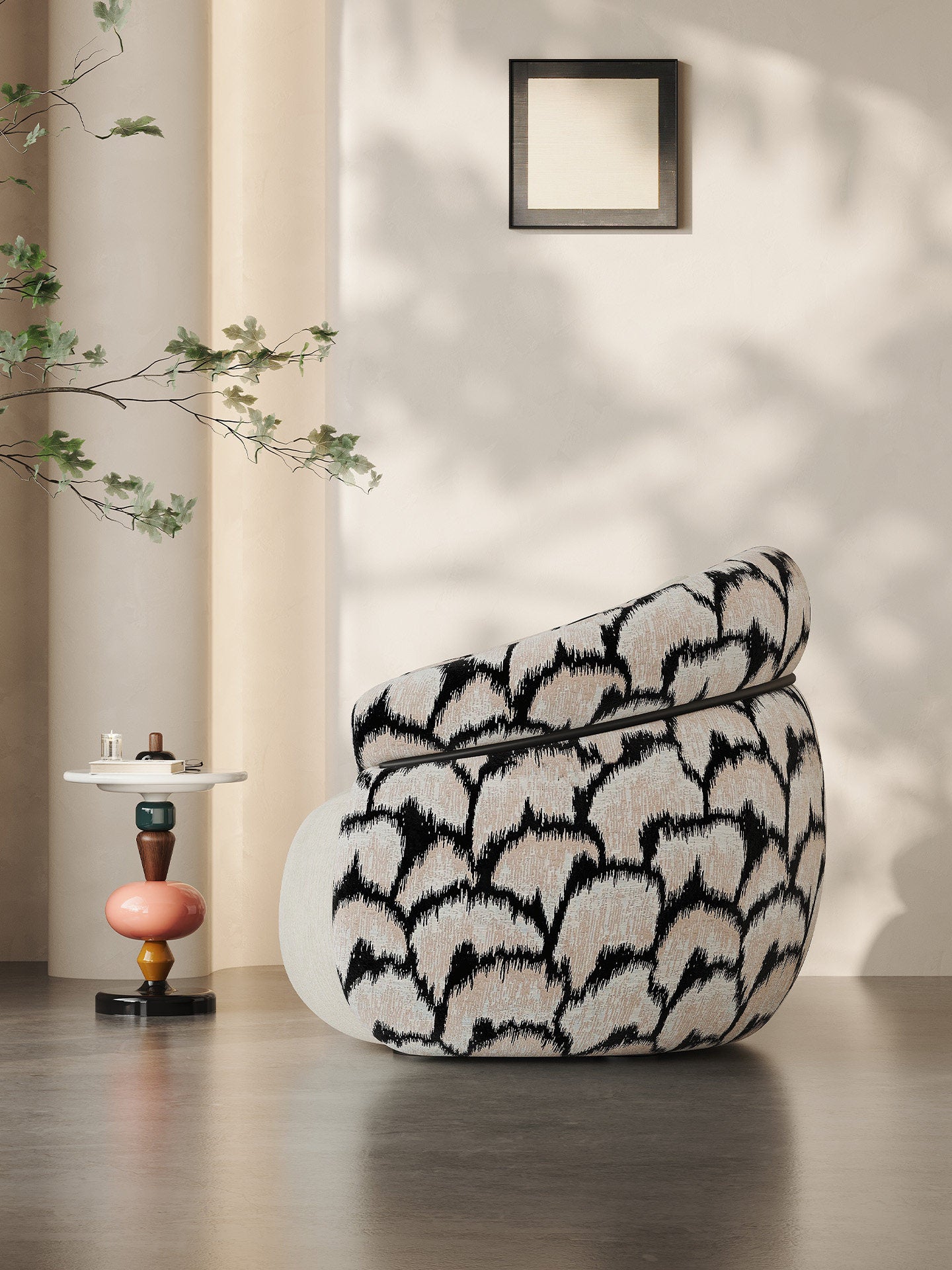 Modern Oversized Accent Chair, Upholstered Barrel Lounge Armchair with Jacquard Fabric, High-Density Foam Cushion and Wraparound Backrest for Living Room, Bedroom, Reading Nook and Office, Black and Cream