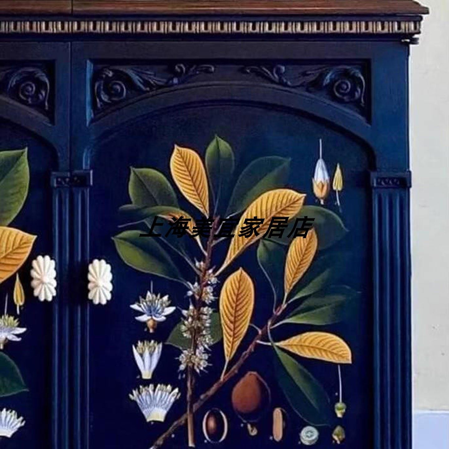 Deep Navy Blue Solid Wood 2-Door Accent Cabinet, Hand-Painted Botanical Entryway Storage Cupboard with Carved Legs and Curved Cross Stretcher for Foyer, Living Room, Dining Room and Hallway