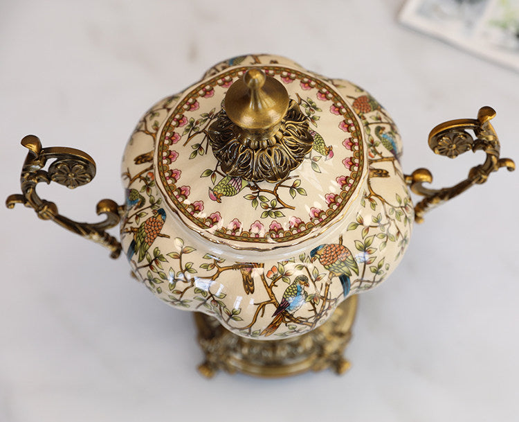 Ceramic Decorative Jar with Lid, Bird Floral Design and Ornate Metal Handles