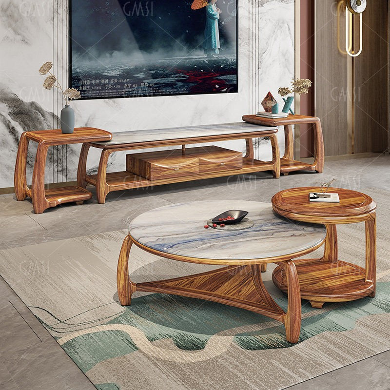 Wenge Wood Round Coffee and Side Table Set with Marble Top