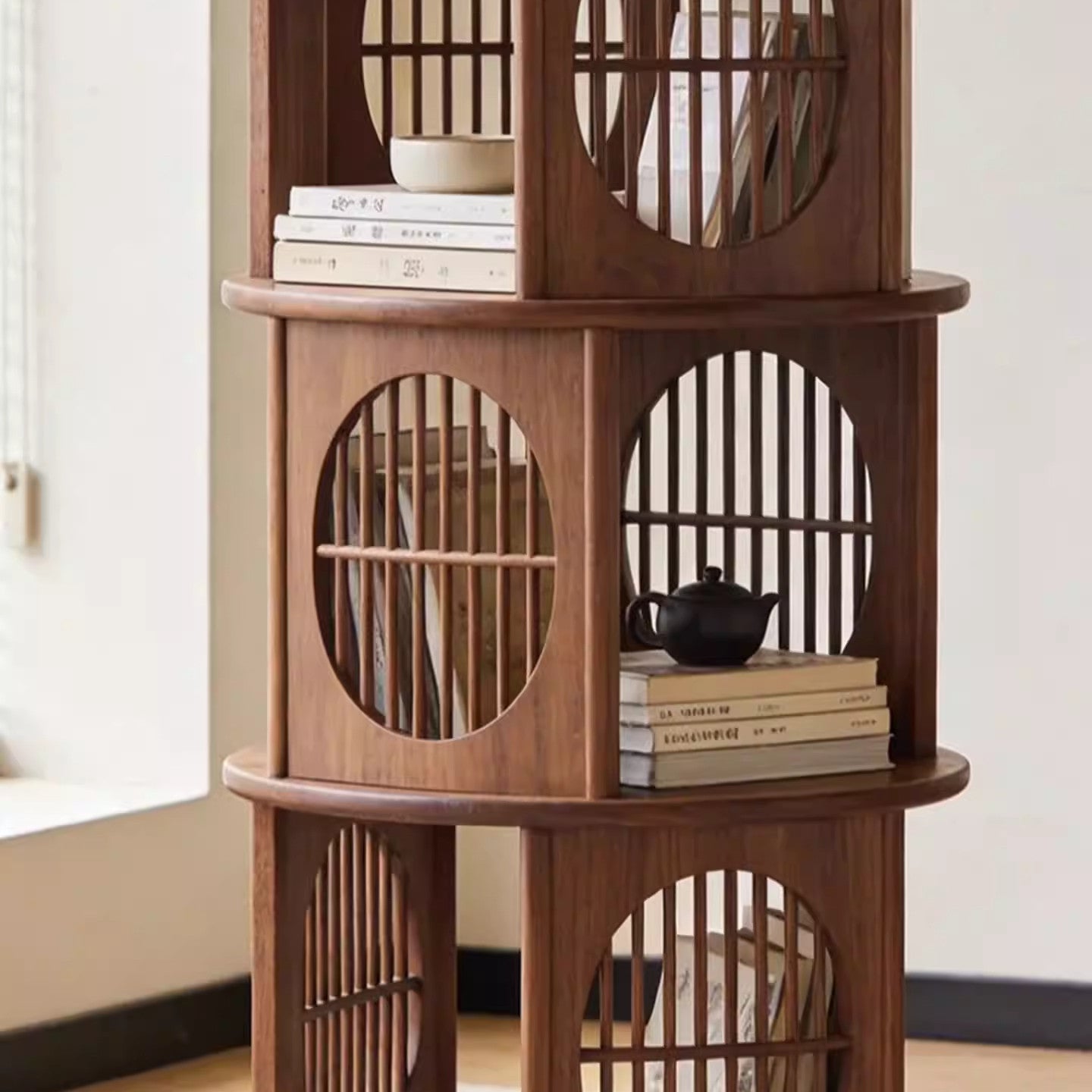Solid Ash Wood Rotating Bookshelf, 3-Tier Round Display Shelf