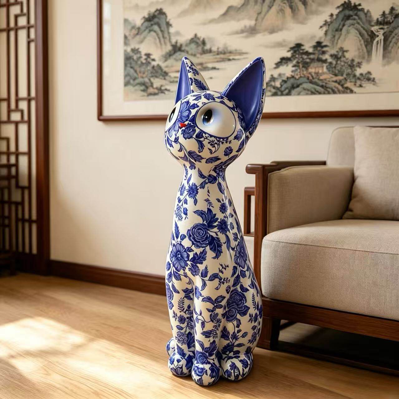 Blue and White Cat Floor Statue, Porcelain Style Decorative Animal Sculpture for Living Room, Entryway, TV Stand, Sofa Side and Home Décor Gift