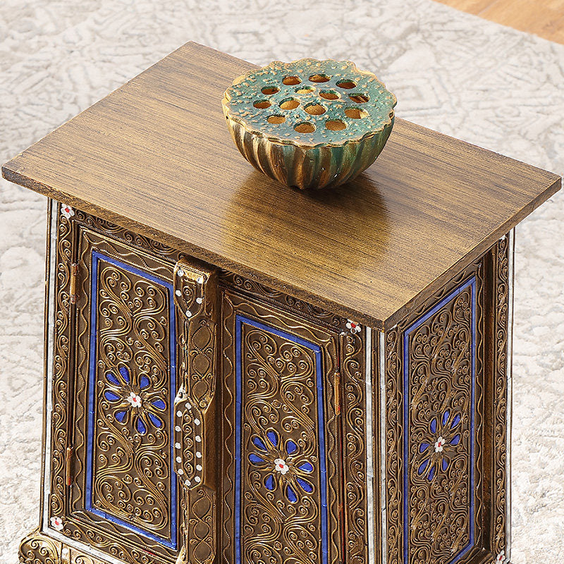 Ornate Gold Bedside Cabinet with Double Doors and Solid Wood Frame