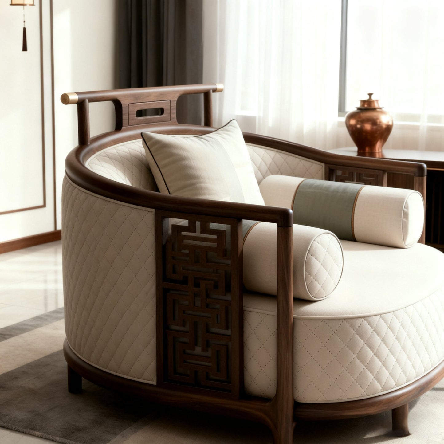 Ash Wood Barrel Accent Chair with Quilted White Upholstery
