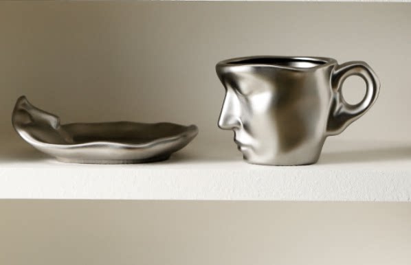Face Coffee Mug and Saucer Set, 8.8 oz Ceramic Cup with Spoon, Silver