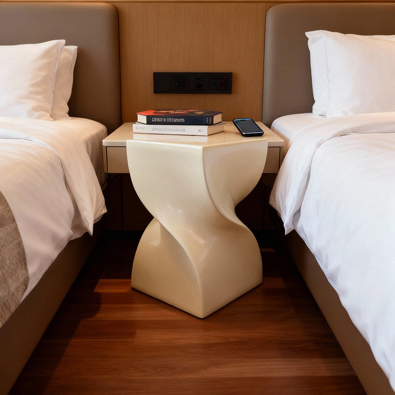 Cream White Twist Side Table, Sculptural Fiberglass Accent Table, Modern Hourglass Drink Table for Living Room, Bedroom, Hotel Lobby, Store Display