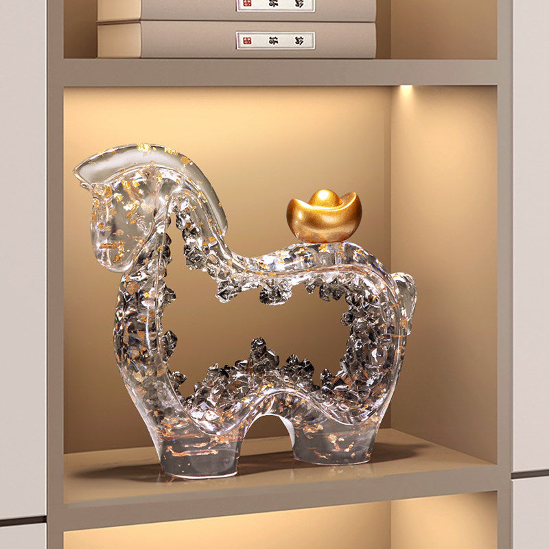 Gray Transparent Resin Horse Sculpture with Gold Ingot, Faux Crystal Prosperity Figurine with Metallic Flake Accents for Living Room, Office, Entryway, TV Console or Display Cabinet