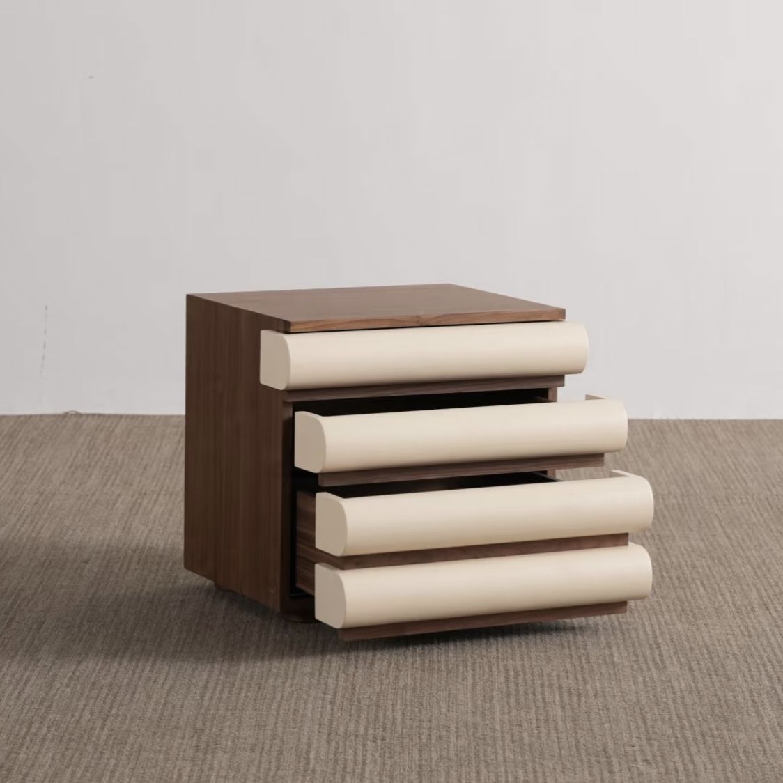 Cream and Walnut Wood Nightstand with 4 Drawers for Bedroom