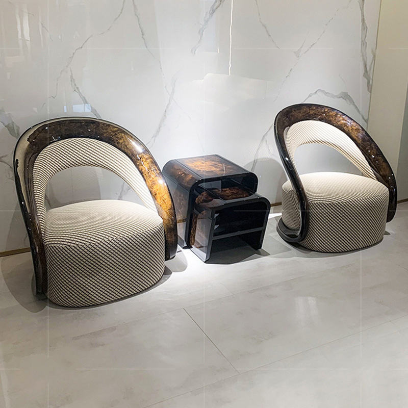 Beige Patterned Accent Chair with Burl Finish Frame for Living Room