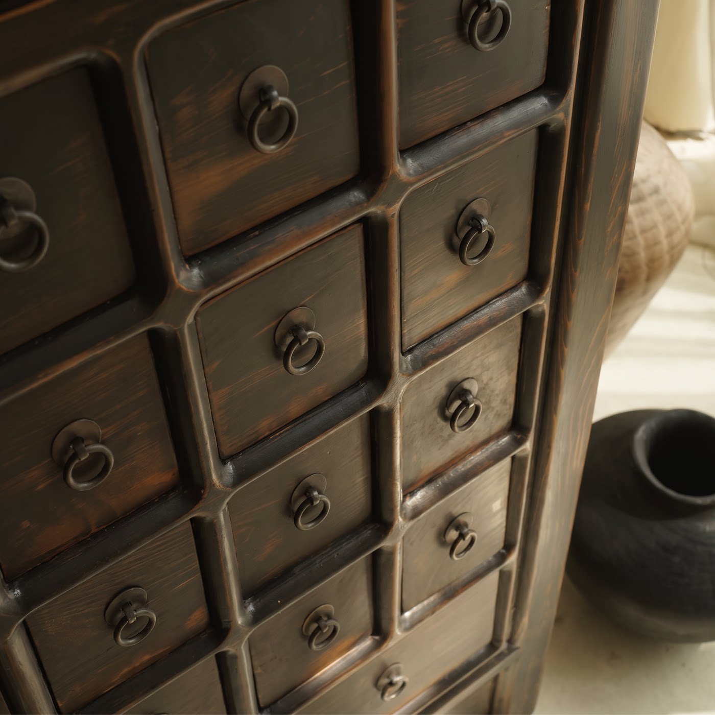 Vintage 18-Drawer Apothecary Cabinet, Distressed Black Wood Storage Chest