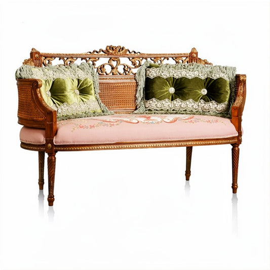 French Style Cane Loveseat Bench, Pink Upholstered Solid Wood Settee with Decorative Pillows, Carved Rattan Accent Sofa for Living Room, Bedroom, Entryway, Sunroom, Boutique Lounge