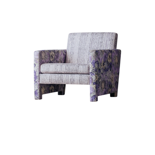 Purple Floral Accent Chair, Upholstered Single Sofa Chair, Vintage Modern Box Armchair with Wide Arms for Living Room, Bedroom, Office, Reading Corner