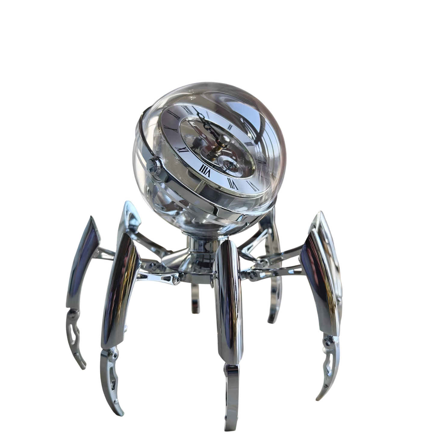 Modern Mechanical Table Clock 7.6 Inch, Silver Metal Skeleton Desk Clock