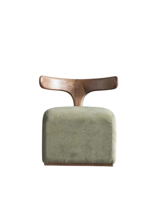 Modern Nordic Solid Wood Vanity Stool with Backrest, Round Upholstered Linen Makeup Chair, Walnut Finish Dressing Table Stool, Entryway Shoe Bench, Accent Ottoman Seat for Bedroom Living Room