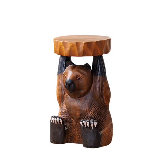 Hand Carved Bear Stool, Solid Wood Animal Accent Stool with Round Seat, Rustic Wooden Side Table, Entryway Shoe Bench, Plant Stand, Footstool, and Decorative Accent for Living Room, Bedroom, and Porch