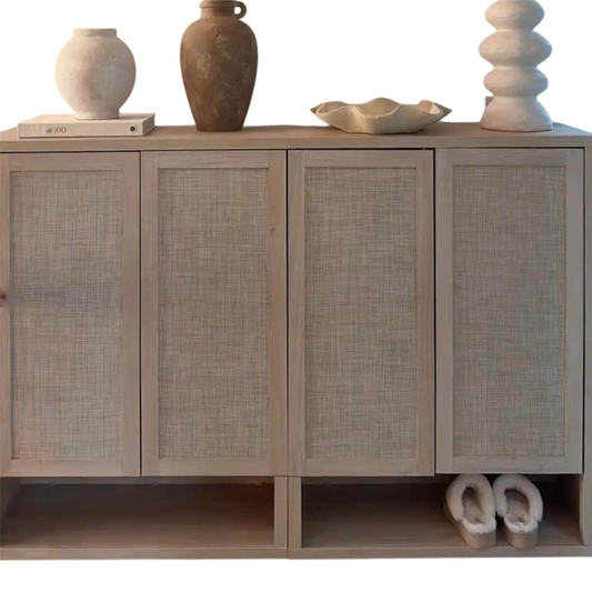 Natural Rattan Storage Cabinet, 31 Inch 2 Door Wood Sideboard with Woven Cane Panels and Open Bottom Shelf, Modern Entryway Cabinet for Living Room, Hallway, Bedroom, Dining Room