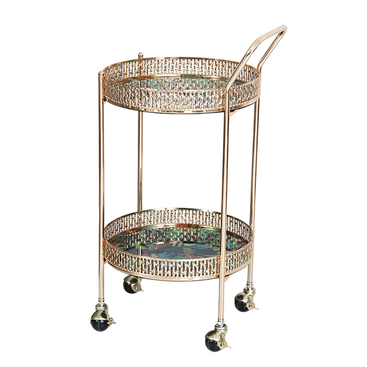 Gold Round Bar Cart with Wheels, 2 Tier Tempered Glass Serving Cart with Metal Frame, Luxury Rolling Storage Trolley for Living Room, Dining Room, Kitchen, Drinks and Decor
