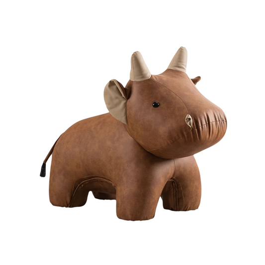 Brown Calf-Shaped Accent Stool, Upholstered Animal Seat with Rounded Body, Horns and Tail, Sculptural Ottoman for Entryway, Living Room, Bedroom and Playroom Décor