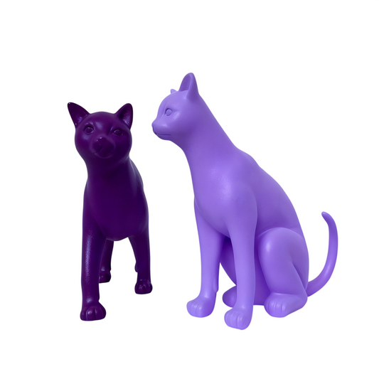 Matte Purple Abstract Cat Sculpture Set of 2, Large Resin Cat Statues, Sitting and Walking Cat Figurines for Living Room, Bar, Window Display, Gallery, Entryway, Modern Home Decor