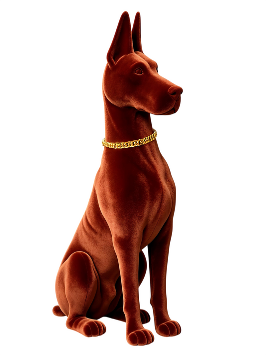 Large Doberman Dog Statue, Velvet-Look Flocked Floor Sculpture with Gold Chain Collar, Modern Guard Dog Figurine Decor for Entryway, Living Room, TV Stand, Office, Housewarming Gift