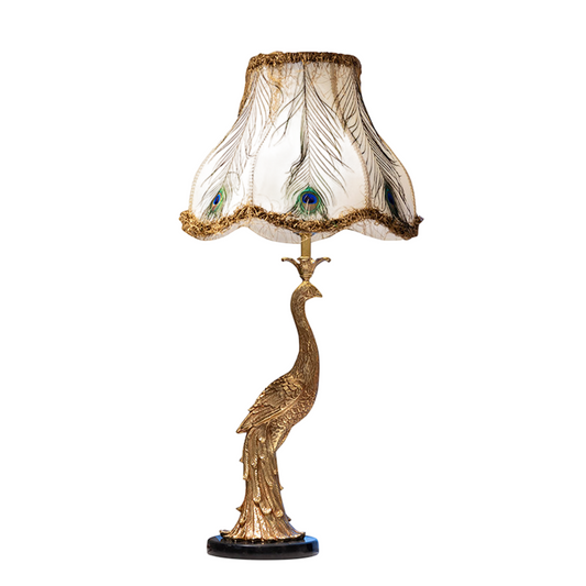 Peacock Table Lamp with Feather Inspired Shade, Gold Tone Bird Base Decorative Bedside Lamp, Luxury Accent Lighting for Bedroom, Living Room, Study, Office and Console Table
