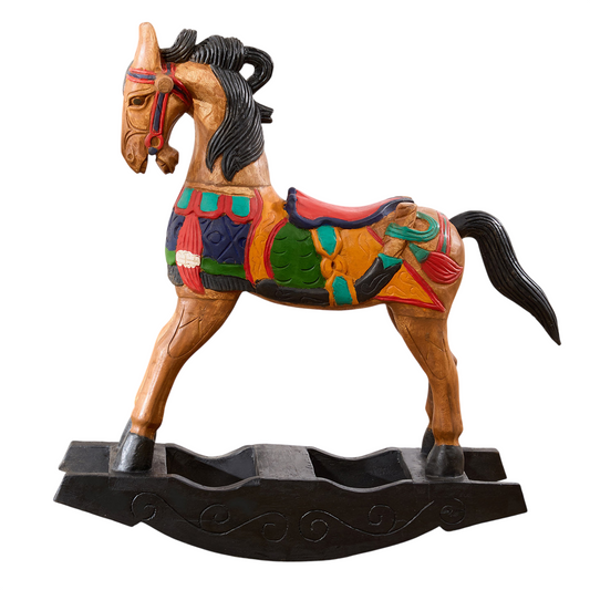 Large Hand Painted Wooden Rocking Horse, Colorful Ride On Rocker Horse Toy with Solid Wood Rocking Base, Vintage Nursery Decor for Kids Room, Playroom, Birthday Gift, and Photo Prop