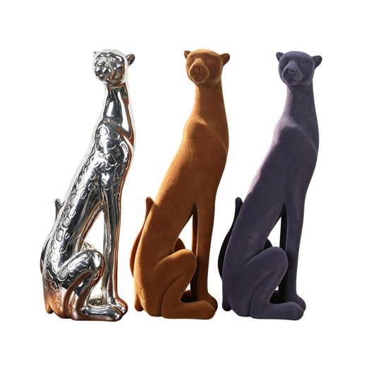 Set of 3 Sitting Leopard Statues, Modern Big Cat Animal Sculptures, Blue Velvet Flocked Brown Flocked and Silver Decor Figurines for Living Room, Office, Entryway, Shelf, Console Table