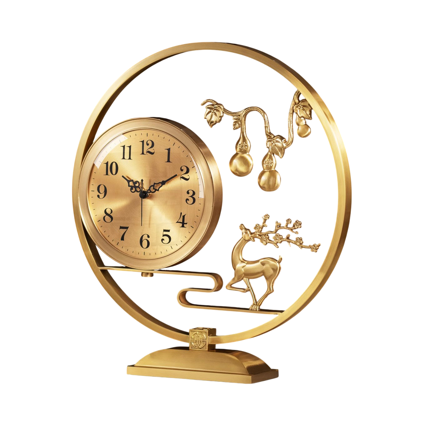 Modern Brass Table Clock with Deer &amp; Gourd Sculpture, Silent Analog Desk Clock, Decorative Metal Mantel Clock for Living Room, Office, Bookshelf, Console Table &amp; Home Décor, Gold Finish