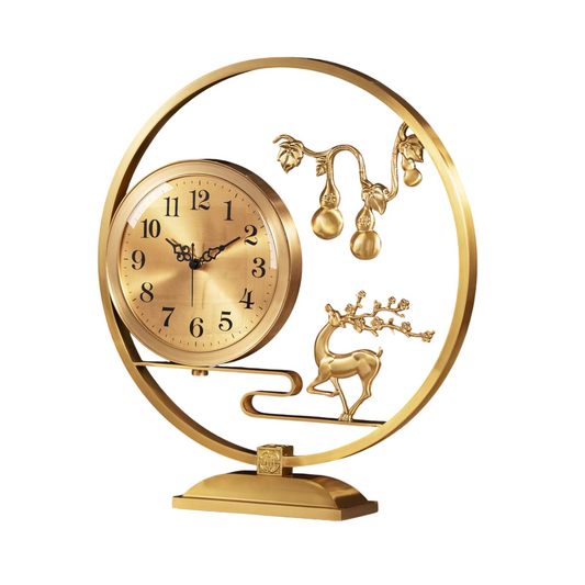 Modern Brass Table Clock with Deer &amp; Gourd Sculpture, Silent Analog Desk Clock, Decorative Metal Mantel Clock for Living Room, Office, Bookshelf, Console Table &amp; Home Décor, Gold Finish