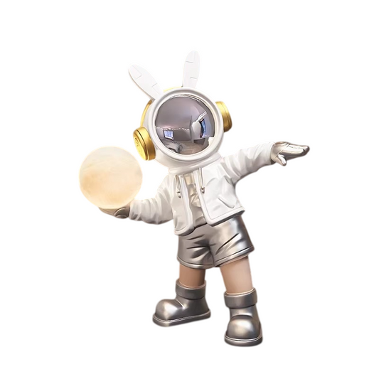 White and Silver Resin Astronaut Bunny Night Light, Space Rabbit Figurine Bedside Lamp with 3 Color Touch Dimming and Rechargeable Moon Orb for Kids Bedroom, Nursery and Desk Decor