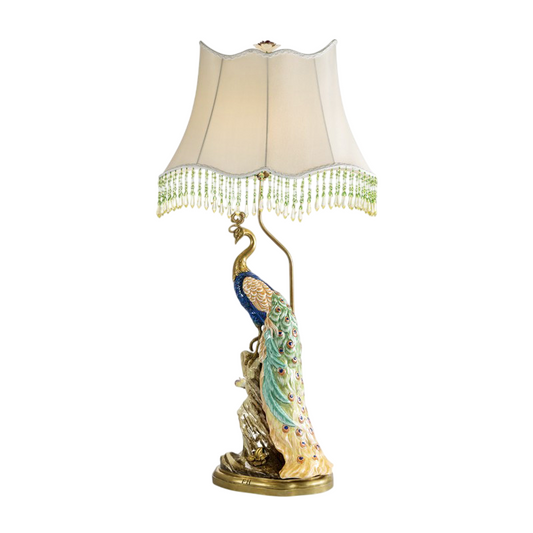 Peacock Table Lamp with Beaded Fabric Shade, Luxury Bird Statue Bedside Lamp, Decorative Accent Lighting for Living Room, Bedroom, Office, Study Room, Nightstand and Console Table