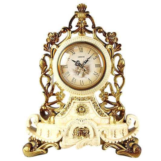 Ornate Mantel Clock, Antique Style Silent Quartz Table Clock, European Inspired Resin Desk Clock with Roman Numeral Dial for Living Room, Bedroom, Shelf, Fireplace Mantel and Gift Decor