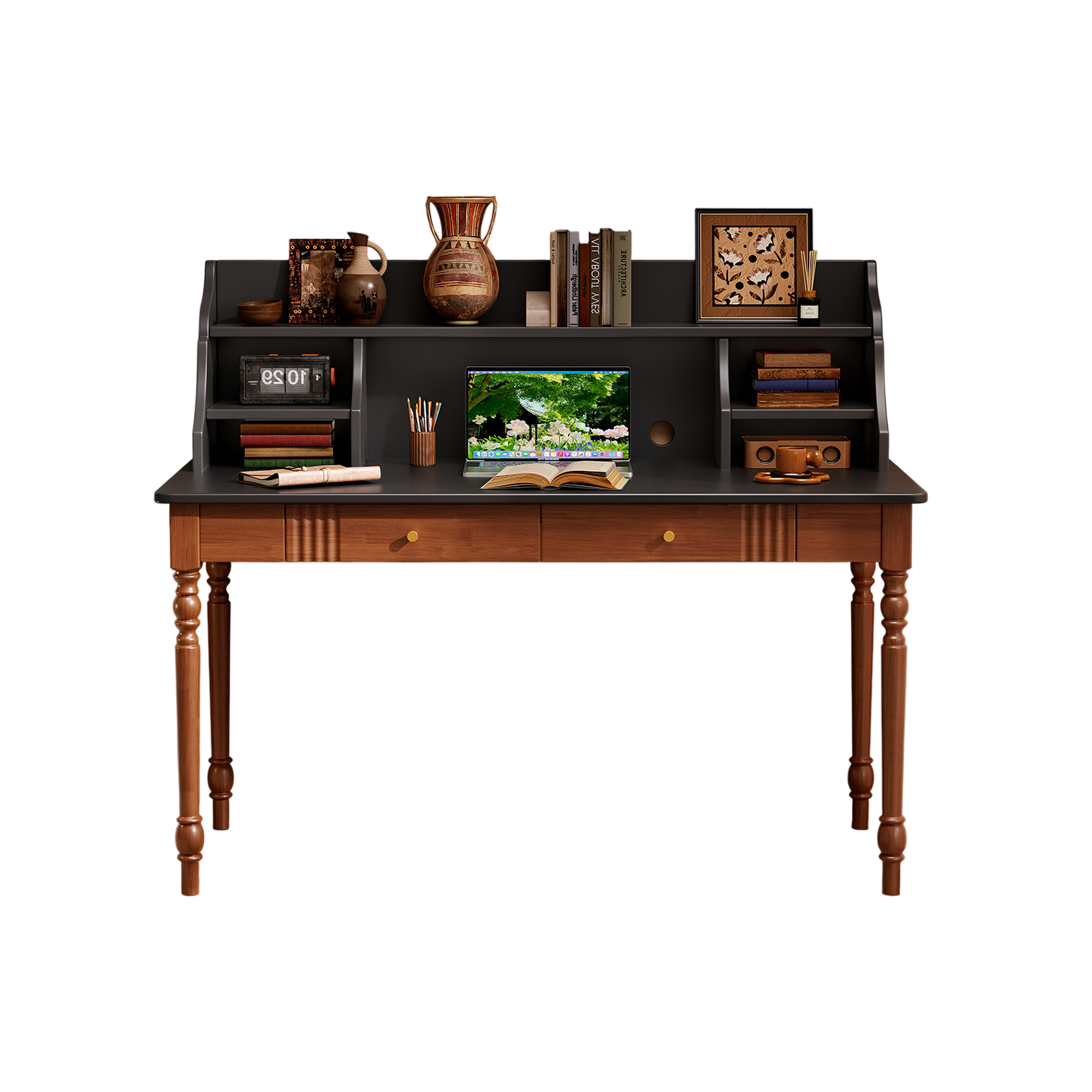 Walnut and Black Writing Desk with Hutch, Shelves and Two Drawers