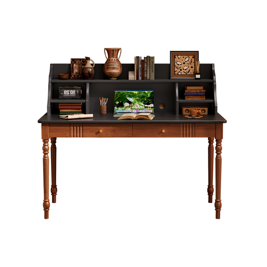Walnut and Black Writing Desk with Hutch, Shelves and Two Drawers
